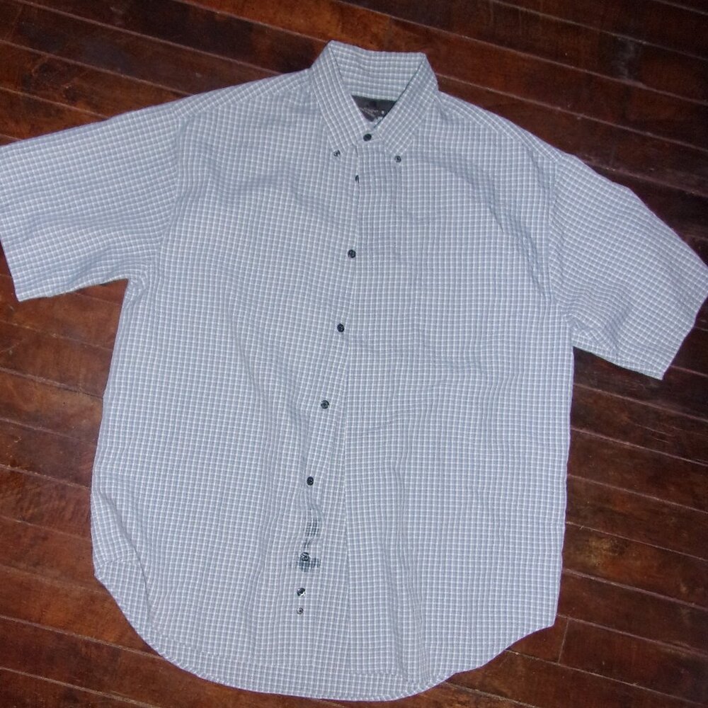 size medium men shirt casual dress short sleeved blue plaid button up down